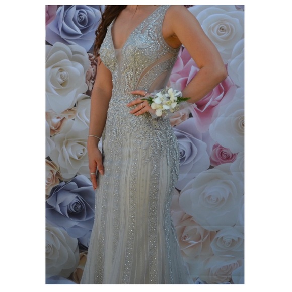 Long Butterfly Silver V-Neck Prom Dress - Picture 2 of 3